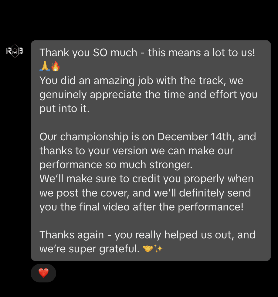 Dance crew thank you message